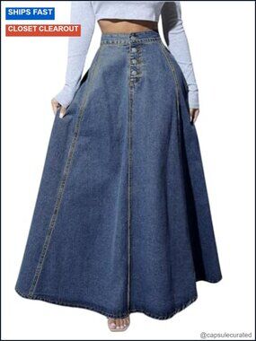 High Waisted Flared A-Line Denim Maxi Skirt with Button Fly